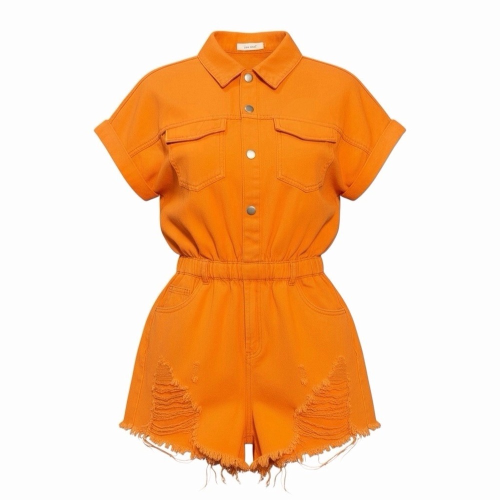 Idem Ditto Denim Romper‎ Orange Women's Size L Distressed